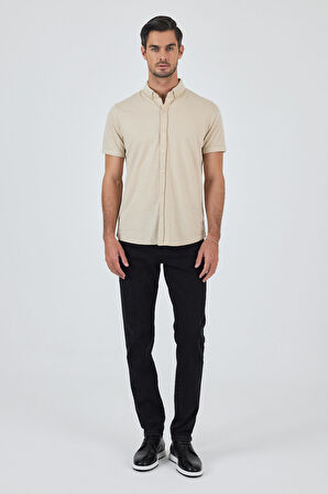 Bej Kısa Kol Düz Örme Düğmeli Yaka Cepsiz Pamuklu Classic Slim Fit Gömlek 1004250155_591