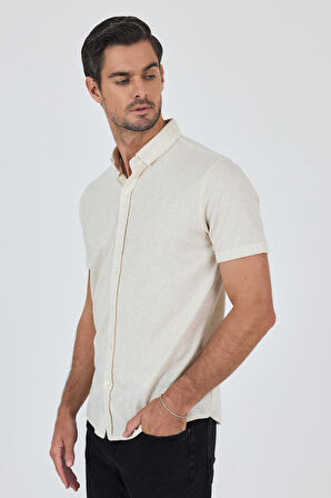 Ekru Kısa Kol Düz Örme Düğmeli Yaka Cepsiz Pamuklu Classic Slim Fit Gömlek 1004250155_609
