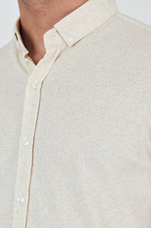 Ekru Kısa Kol Düz Örme Düğmeli Yaka Cepsiz Pamuklu Classic Slim Fit Gömlek 1004250155_609