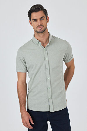 Koyu Yeşil Kısa Kol Düz Örme Düğmeli Yaka Cepsiz Pamuklu Classic Slim Fit Gömlek 1004250155_700