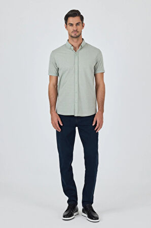 Koyu Yeşil Kısa Kol Düz Örme Düğmeli Yaka Cepsiz Pamuklu Classic Slim Fit Gömlek 1004250155_700
