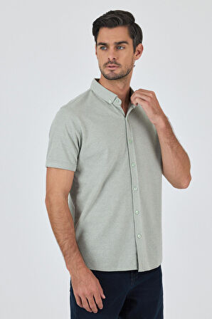 Koyu Yeşil Kısa Kol Düz Örme Düğmeli Yaka Cepsiz Pamuklu Classic Slim Fit Gömlek 1004250155_700