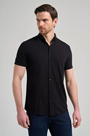 Siyah Kısa Kol Düz Örme İtalyan Yaka Düğmeli Cepsiz Pamuklu Classic Slim Fit Gömlek 1004250156_001