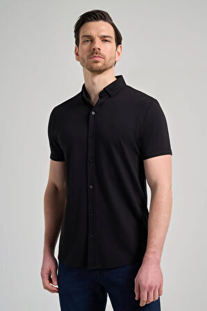 Siyah Kısa Kol Düz Örme İtalyan Yaka Düğmeli Cepsiz Pamuklu Classic Slim Fit Gömlek 1004250156_001