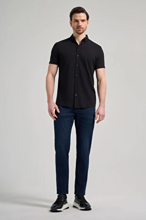 Siyah Kısa Kol Düz Örme İtalyan Yaka Düğmeli Cepsiz Pamuklu Classic Slim Fit Gömlek 1004250156_001