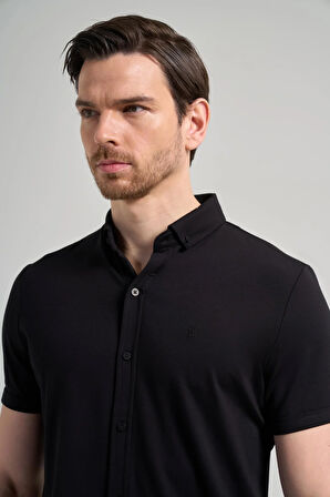 Siyah Kısa Kol Düz Örme İtalyan Yaka Düğmeli Cepsiz Pamuklu Classic Slim Fit Gömlek 1004250156_001