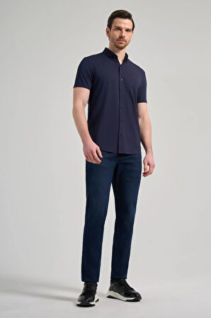 Koyu Lacivert Kısa Kol Düz Örme İtalyan Yaka Cepsiz Pamuklu Classic Slim Fit Gömlek 1004250156