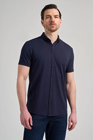 Koyu Lacivert Kısa Kol Düz Örme İtalyan Yaka Cepsiz Pamuklu Classic Slim Fit Gömlek 1004250156