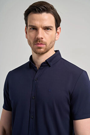 Koyu Lacivert Kısa Kol Düz Örme İtalyan Yaka Cepsiz Pamuklu Classic Slim Fit Gömlek 1004250156