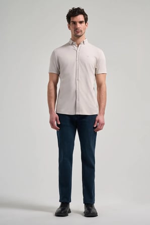 Taş Rengi Kısa Kol Düz Örme İtalyan Yaka Cepsiz Pamuklu Classic Slim Fit Gömlek 1004250156