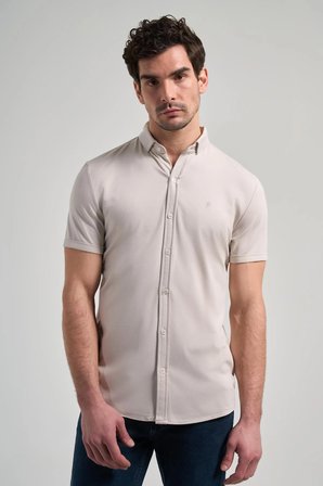 Taş Rengi Kısa Kol Düz Örme İtalyan Yaka Cepsiz Pamuklu Classic Slim Fit Gömlek 1004250156