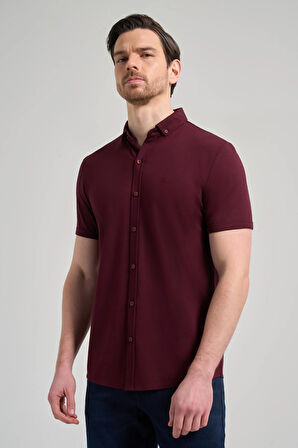 Bordo Kısa Kol Düz Örme İtalyan Yaka Düğmeli Cepsiz Pamuklu Classic Slim Fit Gömlek 1004250156_900