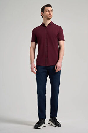 Bordo Kısa Kol Düz Örme İtalyan Yaka Düğmeli Cepsiz Pamuklu Classic Slim Fit Gömlek 1004250156_900
