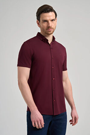 Bordo Kısa Kol Düz Örme İtalyan Yaka Düğmeli Cepsiz Pamuklu Classic Slim Fit Gömlek 1004250156_900