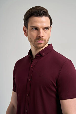 Bordo Kısa Kol Düz Örme İtalyan Yaka Düğmeli Cepsiz Pamuklu Classic Slim Fit Gömlek 1004250156_900