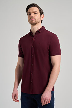 Bordo Kısa Kol Düz Örme İtalyan Yaka Düğmeli Cepsiz Pamuklu Classic Slim Fit Gömlek 1004250156_900