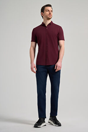Bordo Kısa Kol Düz Örme İtalyan Yaka Düğmeli Cepsiz Pamuklu Classic Slim Fit Gömlek 1004250156_900
