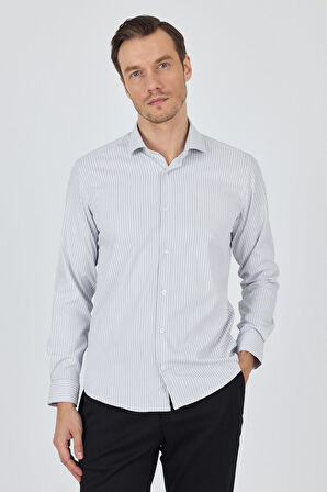 Uzun Kol Çizgili Desen Bez Ayağı Sert Yaka Cepsiz Esnek Classic Slim Fit Gömlek 1004250159