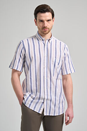Kısa Kol Çizgili Desen Bez Ayağı Düğmeli Yaka cepli Pamuklu Casual Comfort Fit Gömlek 1004250167