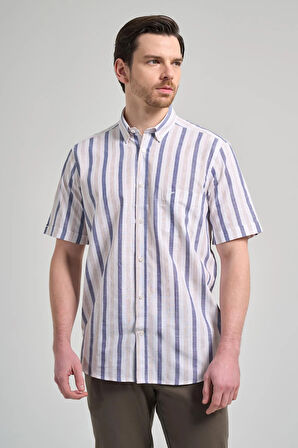 Kısa Kol Çizgili Desen Bez Ayağı Düğmeli Yaka cepli Pamuklu Casual Comfort Fit Gömlek 1004250167