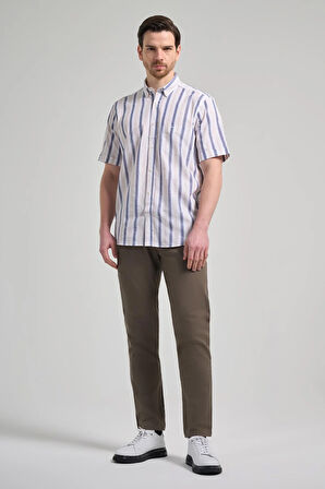 Kısa Kol Çizgili Desen Bez Ayağı Düğmeli Yaka cepli Pamuklu Casual Comfort Fit Gömlek 1004250167