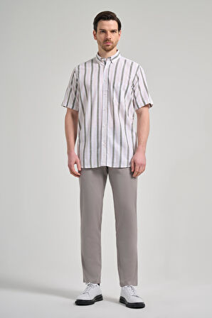 Kısa Kol Çizgili Desen Bez Ayağı Düğmeli Yaka cepli Pamuklu Casual Comfort Fit Gömlek 1004250167