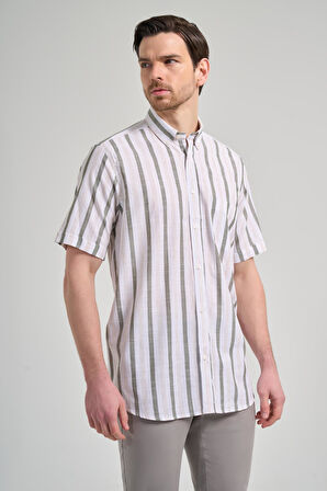 Kısa Kol Çizgili Desen Bez Ayağı Düğmeli Yaka cepli Pamuklu Casual Comfort Fit Gömlek 1004250167