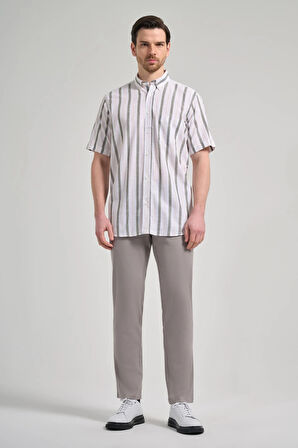 Kısa Kol Çizgili Desen Bez Ayağı Düğmeli Yaka cepli Pamuklu Casual Comfort Fit Gömlek 1004250167