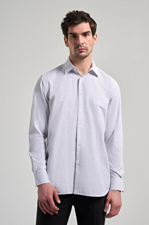 Uzun Kol Çizgili Desen Bez Ayağı Sert Yaka cepli Pamuklu Classic Comfort Fit Gömlek 1004250172