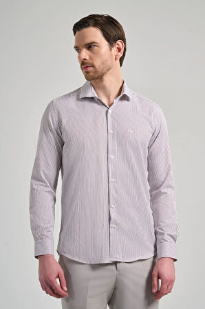 Uzun Kol Çizgili Desen Bez Ayağı İtalyan Yaka Cepsiz Pamuklu Classic Slim Fit Gömlek 1004250180