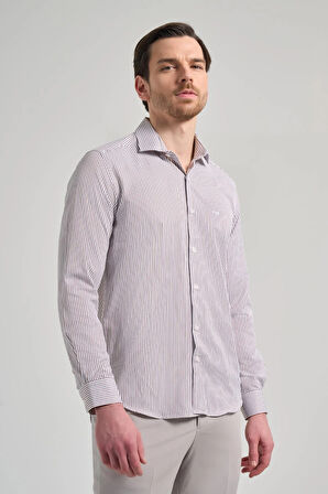 Uzun Kol Çizgili Desen Bez Ayağı İtalyan Yaka Cepsiz Pamuklu Classic Slim Fit Gömlek 1004250180