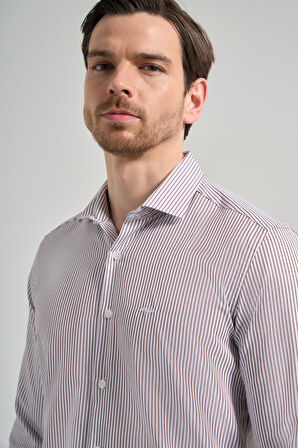 Uzun Kol Çizgili Desen Bez Ayağı İtalyan Yaka Cepsiz Pamuklu Classic Slim Fit Gömlek 1004250180