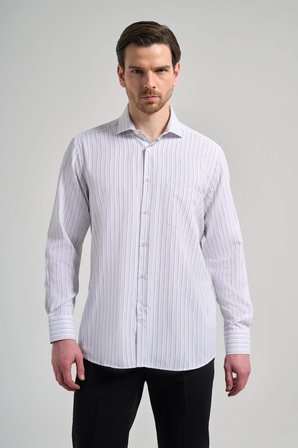 Uzun Kol Çizgili Desen Bez Ayağı İtalyan Yaka cepli Pamuklu Classic Comfort Fit Gömlek 1004250182