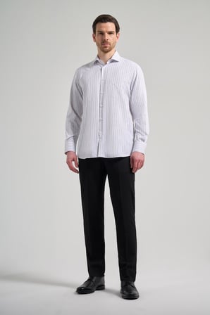 Uzun Kol Çizgili Desen Bez Ayağı İtalyan Yaka cepli Pamuklu Classic Comfort Fit Gömlek 1004250182