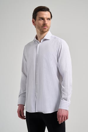 Uzun Kol Çizgili Desen Bez Ayağı İtalyan Yaka cepli Pamuklu Classic Comfort Fit Gömlek 1004250182