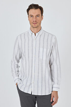 Uzun Kol Çizgili Desen Bez Ayağı Düğmeli Yaka cepli Pamuklu Casual Comfort Fit Gömlek 1004250190