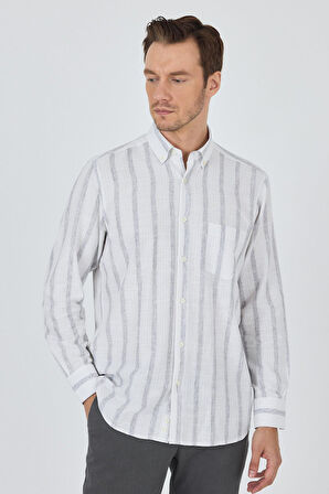 Uzun Kol Çizgili Desen Bez Ayağı Düğmeli Yaka cepli Pamuklu Casual Comfort Fit Gömlek 1004250190