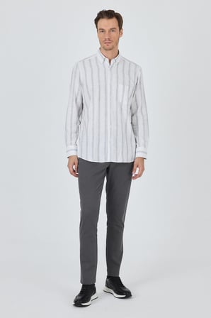 Uzun Kol Çizgili Desen Bez Ayağı Düğmeli Yaka cepli Pamuklu Casual Comfort Fit Gömlek 1004250190
