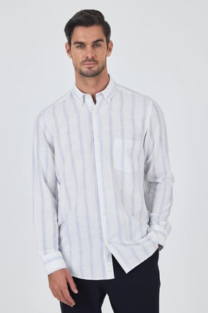 Uzun Kol Çizgili Desen Bez Ayağı Düğmeli Yaka cepli Pamuklu Casual Comfort Fit Gömlek 1004250190