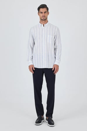 Uzun Kol Çizgili Desen Bez Ayağı Düğmeli Yaka cepli Pamuklu Casual Comfort Fit Gömlek 1004250190