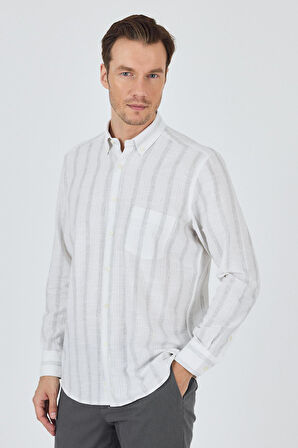 Uzun Kol Çizgili Desen Bez Ayağı Düğmeli Yaka cepli Pamuklu Casual Comfort Fit Gömlek 1004250190