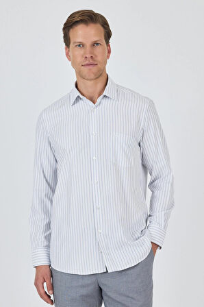 Uzun Kol Çizgili Desen Bez Ayağı Sert Yaka cepli Pamuklu Classic Comfort Fit Gömlek 1004250192