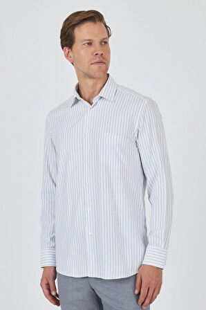 Uzun Kol Çizgili Desen Bez Ayağı Sert Yaka cepli Pamuklu Classic Comfort Fit Gömlek 1004250192