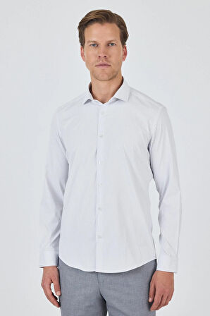 Uzun Kol Çizgili Desen Bez Ayağı İtalyan Yaka Cepsiz Esnek Classic Slim Fit Gömlek 1004250202