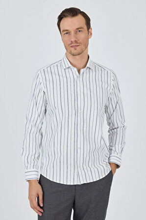 Uzun Kol Çizgili Desen Bez Ayağı İtalyan Yaka Cepsiz Esnek Classic Slim Fit Gömlek 1004250203