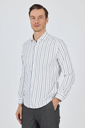 Uzun Kol Çizgili Desen Bez Ayağı İtalyan Yaka Cepsiz Esnek Classic Slim Fit Gömlek 1004250203