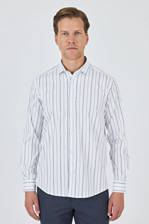 Uzun Kol Çizgili Desen Bez Ayağı İtalyan Yaka Cepsiz Esnek Classic Slim Fit Gömlek 1004250203