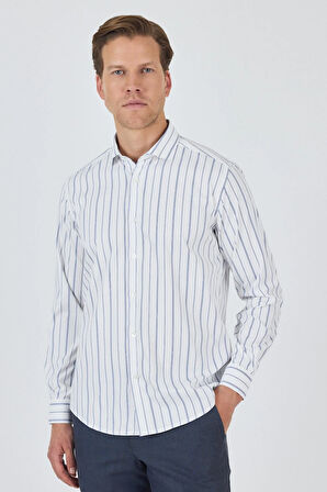 Uzun Kol Çizgili Desen Bez Ayağı İtalyan Yaka Cepsiz Esnek Classic Slim Fit Gömlek 1004250203