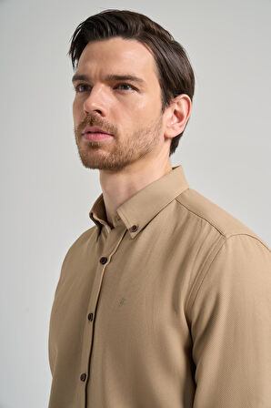 Uzun Kol Desenli Armürlü Düğmeli Yaka Cepsiz Pamuklu Casual Slim Fit Gömlek 1004250206