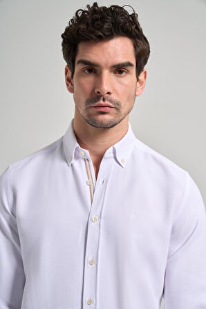 Uzun Kol Desenli Armürlü Düğmeli Yaka Cepsiz Pamuklu Casual Slim Fit Gömlek 1004250206